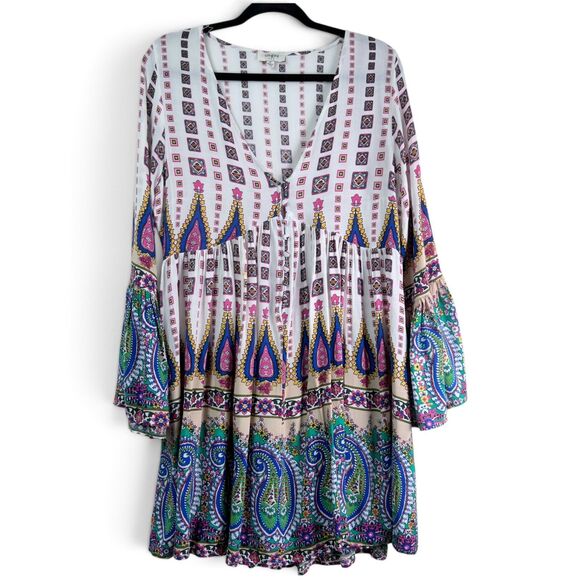Umgee Tops - umgee paisley boho babydoll mini dress bell sleeves button front colorful size m